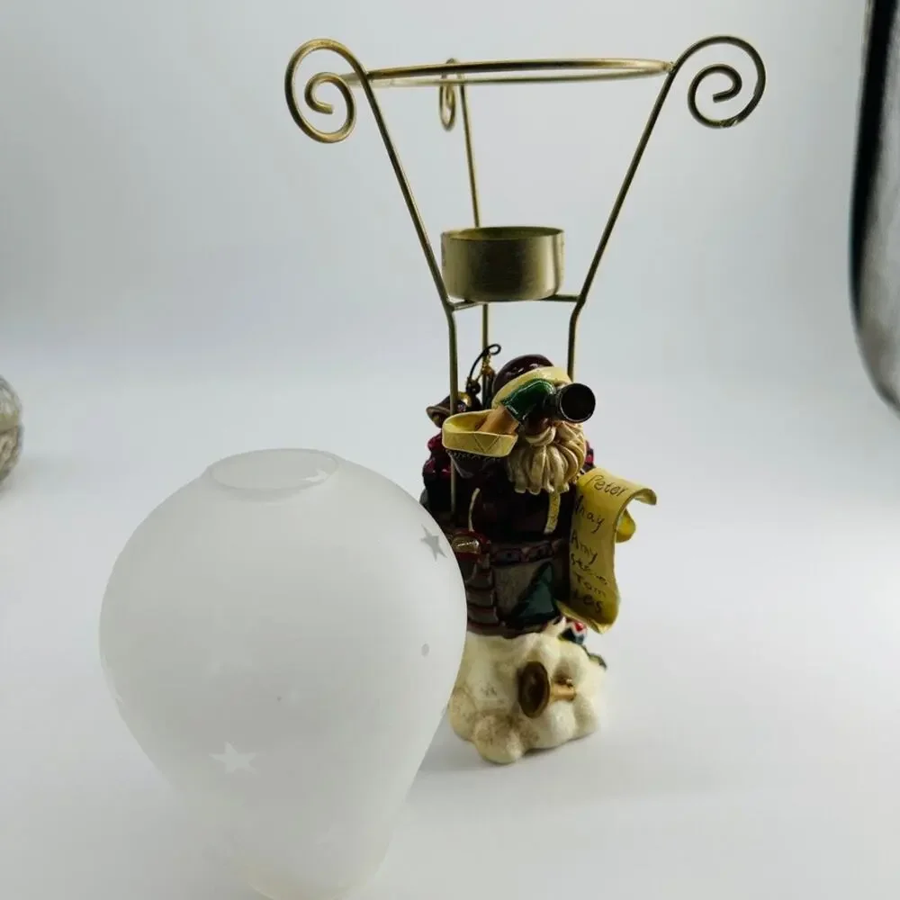 Santa Hot Air Balloon Tea Light Candle Holder Christmas Resin Glass Luminary